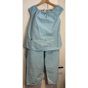 Vintage Blue Gingham Seersucker Pajama Set Floral Embroidery Women Loungewear